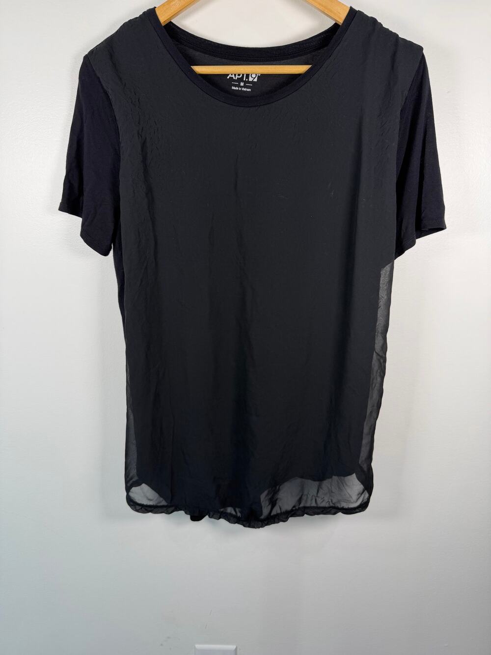 Apt. 9 Womens Short Sleeve Tee M Black Sheer Chiffon Front Panel High Low Hem